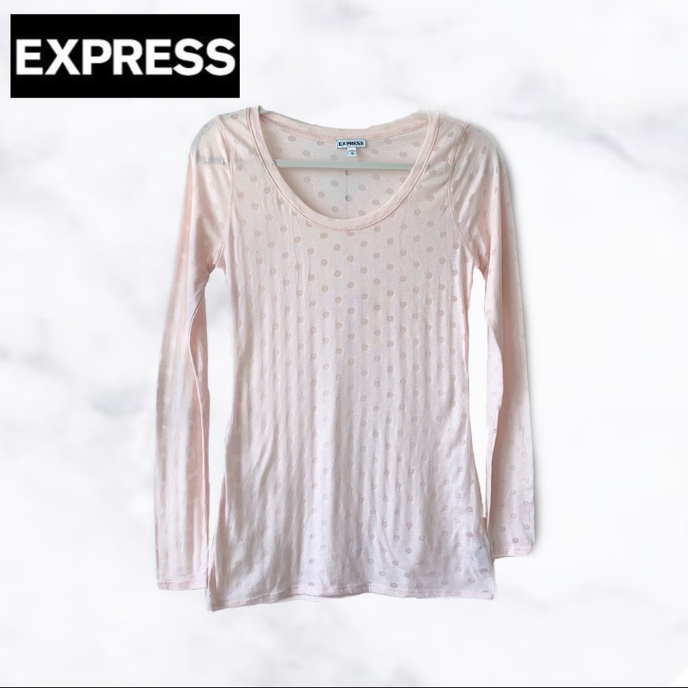 EXPRESS peachy pink sheer polkadot long sleeve tee